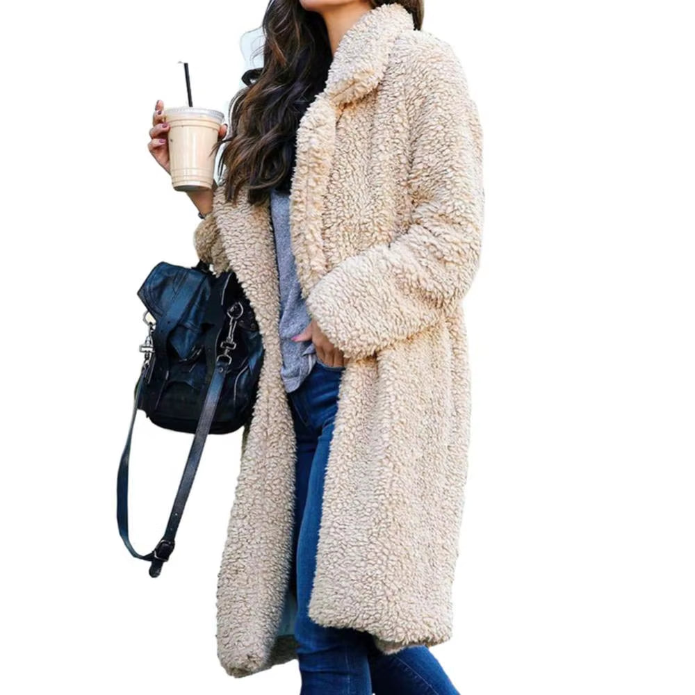 Luxurious Women's Velvet Plush Midi Coat - Chic Warm Lapel Cardigan for Winter