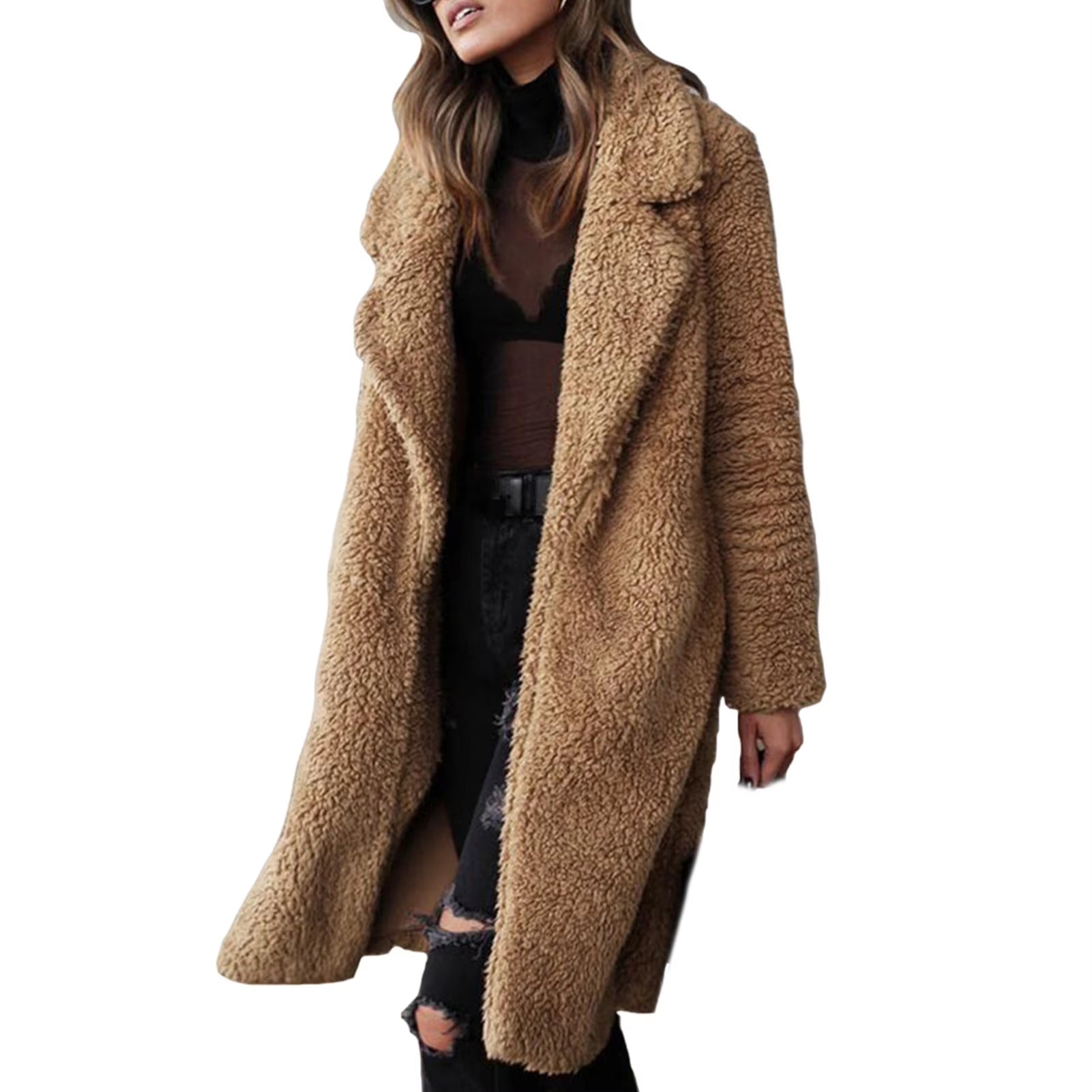 Luxurious Women's Velvet Plush Midi Coat - Chic Warm Lapel Cardigan for Winter