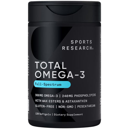 Sports Research Total Omega-3 Fish Oil - Made from Wild Sockeye Salmon, Alaskan Pollock, Antarctic Krill, Astaxanthin + Phospholipids & Wax Esters for Absorption - 960Mg of EPA & DHA - 120 Softgels