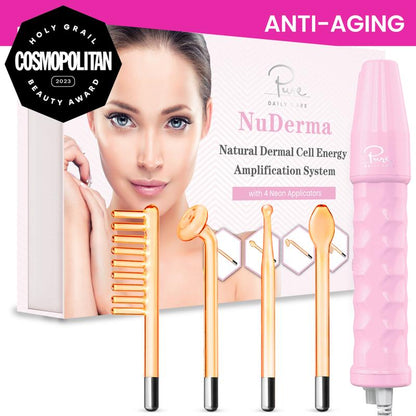 Nuderma High Frequency Wand - Pink with 4 Neon-Powered Applicators and Headband - Tiktok Exclusive - Pure Daily Care