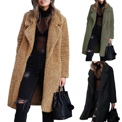 Luxurious Women's Velvet Plush Midi Coat - Chic Warm Lapel Cardigan for Winter