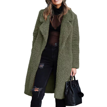 Luxurious Women's Velvet Plush Midi Coat - Chic Warm Lapel Cardigan for Winter