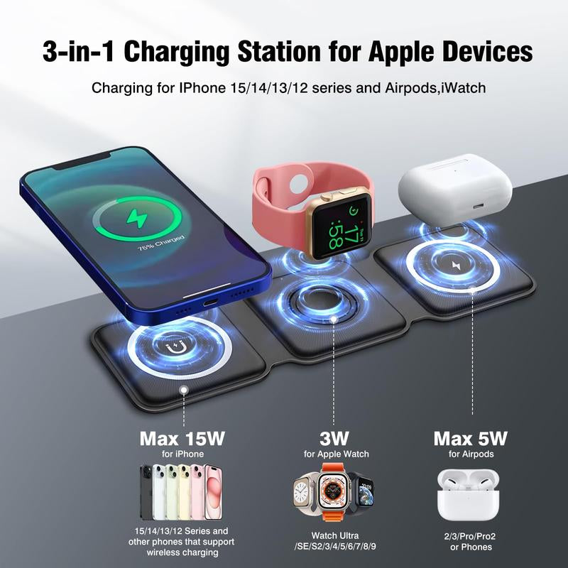 Charging Station for Apple Multiple Devices - 3 in 1 Foldable Magnetic Wireless Charger Dock - Travel Charging Pad for Iphone 15 14 13 12 Pro Max plus Watch & Airpods, Christmas Gift Ideas, Deals Tiktok Shop Store