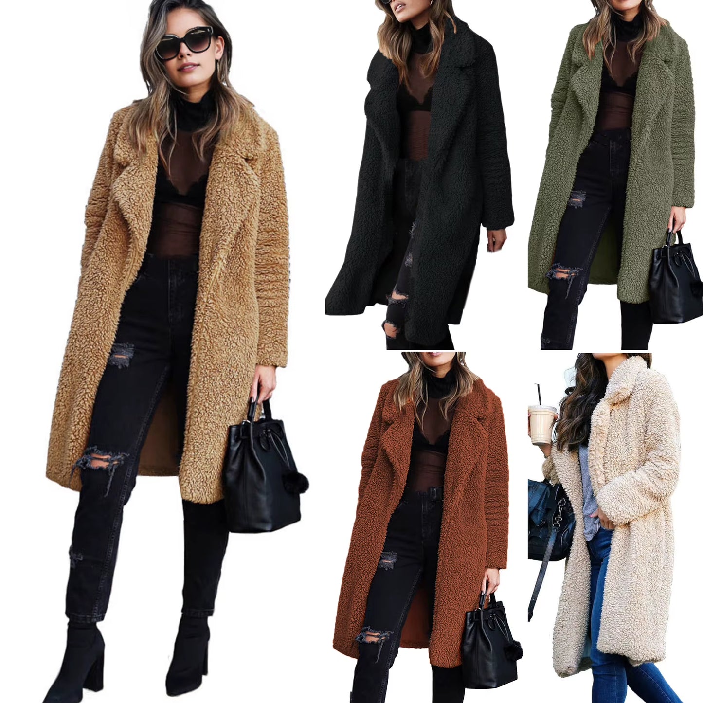 Luxurious Women's Velvet Plush Midi Coat - Chic Warm Lapel Cardigan for Winter