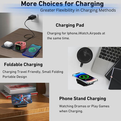 Charging Station for Apple Multiple Devices - 3 in 1 Foldable Magnetic Wireless Charger Dock - Travel Charging Pad for Iphone 15 14 13 12 Pro Max plus Watch & Airpods, Christmas Gift Ideas, Deals Tiktok Shop Store