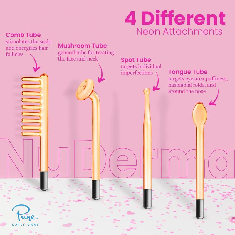 Nuderma High Frequency Wand - Pink with 4 Neon-Powered Applicators and Headband - Tiktok Exclusive - Pure Daily Care