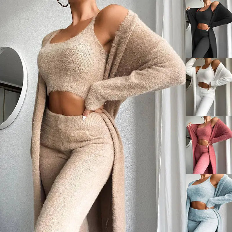 3-Piece Chic Fluffy Crop & Skinny Pant Suit Set